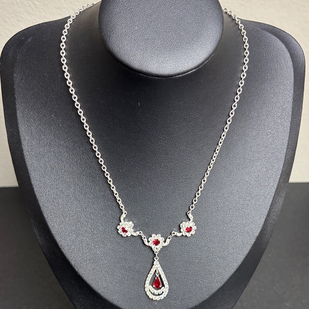 Dazzling Silver Necklace Rhinestone Red Accents Dangle Teardrop